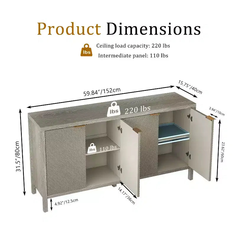 59 Aufbewahrungsschrank mit Stauraum, moderner Holz-Buffetschrank mit 4 Türen und verstellbaren Einlegeböden für Wohnzimmer und Eingangsbereich, Beige