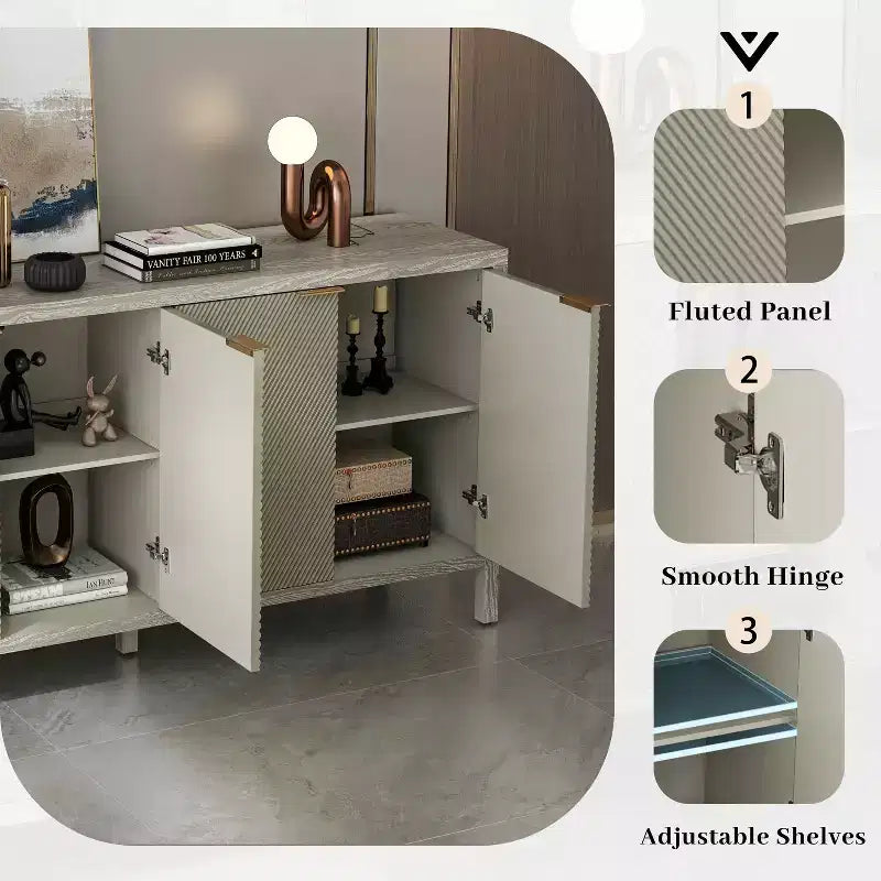 59 Aufbewahrungsschrank mit Stauraum, moderner Holz-Buffetschrank mit 4 Türen und verstellbaren Einlegeböden für Wohnzimmer und Eingangsbereich, Beige