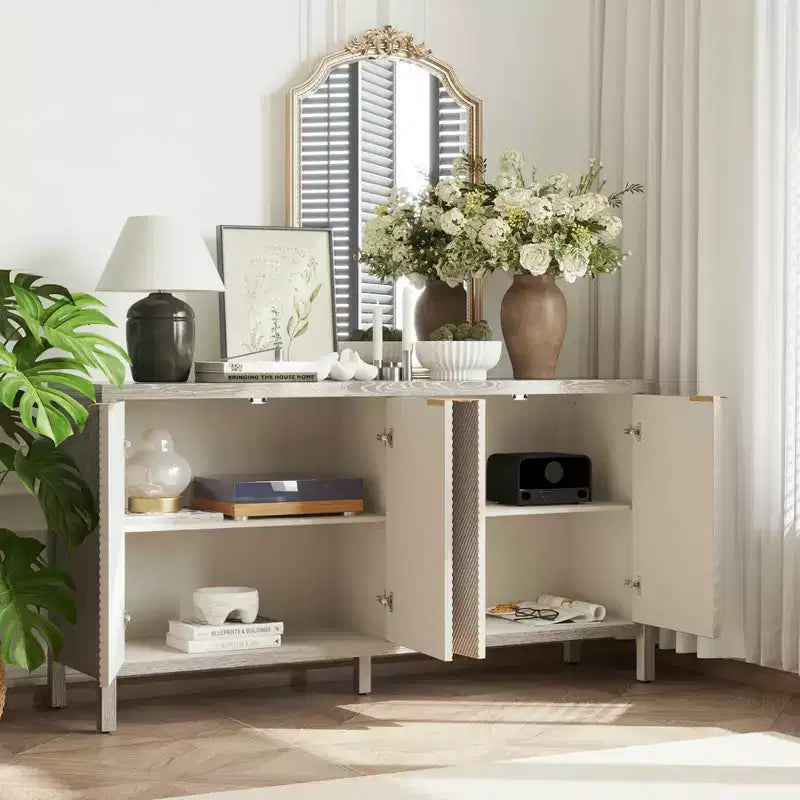 59 Aufbewahrungsschrank mit Stauraum, moderner Holz-Buffetschrank mit 4 Türen und verstellbaren Einlegeböden für Wohnzimmer und Eingangsbereich, Beige
