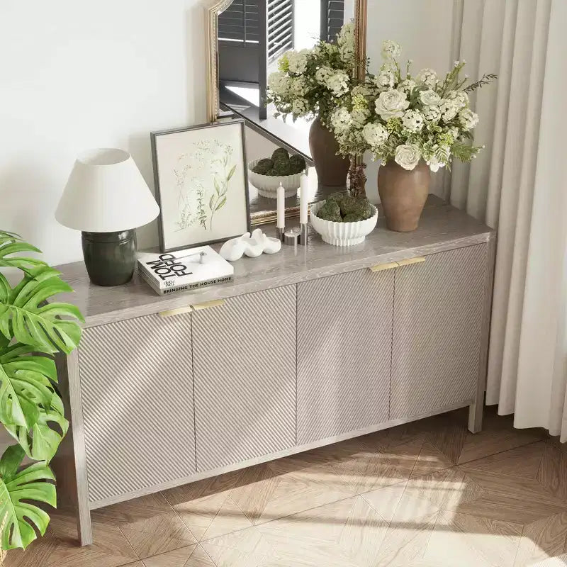 59 Aufbewahrungsschrank mit Stauraum, moderner Holz-Buffetschrank mit 4 Türen und verstellbaren Einlegeböden für Wohnzimmer und Eingangsbereich, Beige
