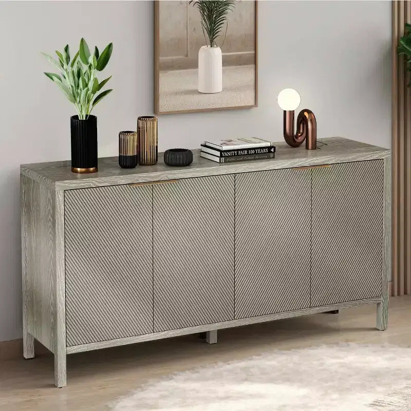59 Aufbewahrungsschrank mit Stauraum, moderner Holz-Buffetschrank mit 4 Türen und verstellbaren Einlegeböden für Wohnzimmer und Eingangsbereich, Beige