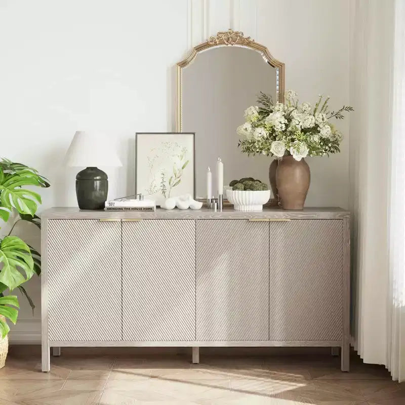 59 Aufbewahrungsschrank mit Stauraum, moderner Holz-Buffetschrank mit 4 Türen und verstellbaren Einlegeböden für Wohnzimmer und Eingangsbereich, Beige
