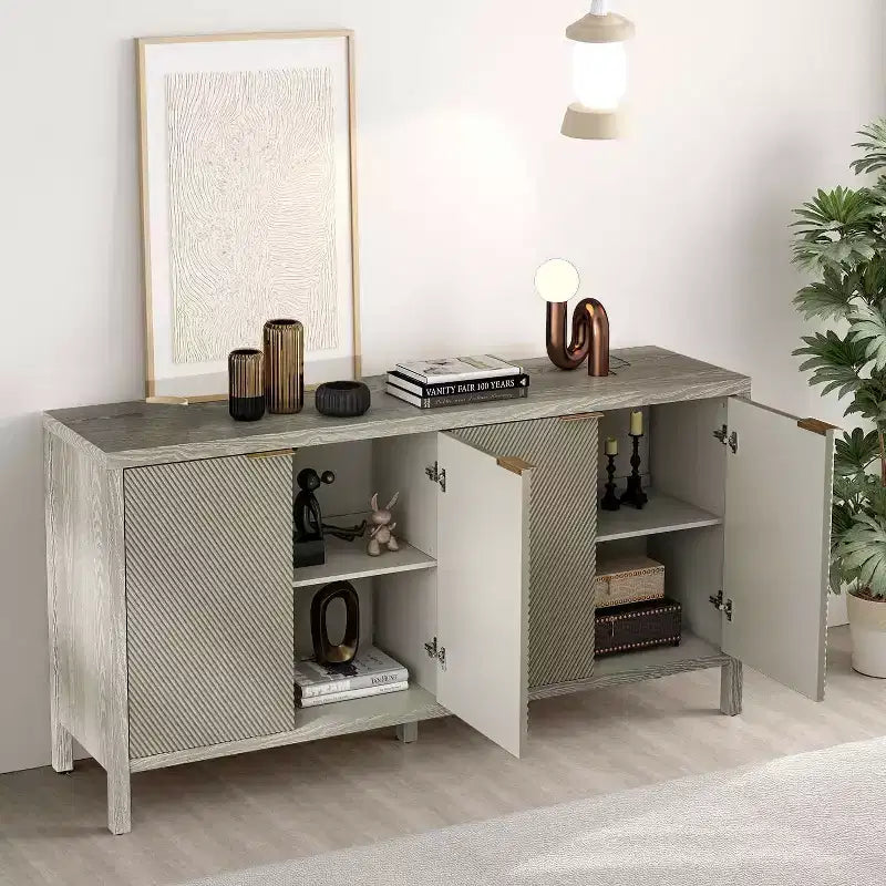 59 Aufbewahrungsschrank mit Stauraum, moderner Holz-Buffetschrank mit 4 Türen und verstellbaren Einlegeböden für Wohnzimmer und Eingangsbereich, Beige