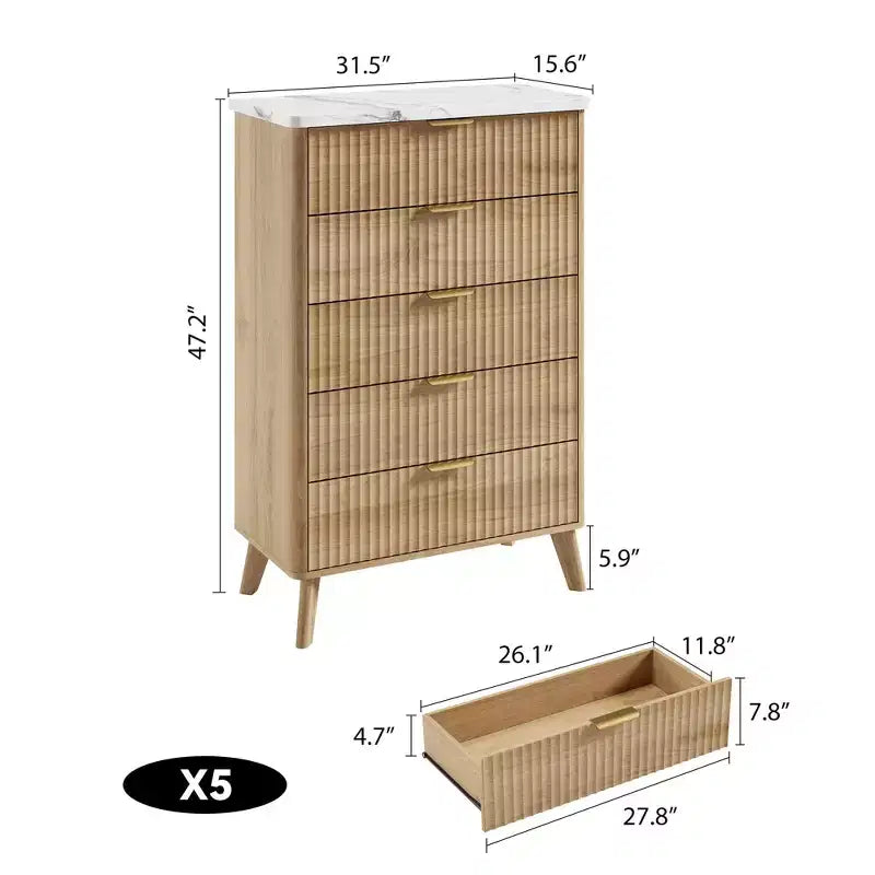 Hohe Kommode mit Rillenfront und 5 Schubladen, 47.2 Zoll, für das Schlafzimmer, moderne Holzkommode mit Kunstmarmorplatte und geschwungenem Profil für Wohnzimmer und Flur