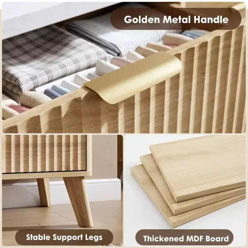Hohe Kommode mit Rillenfront und 5 Schubladen, 47.2 Zoll, für das Schlafzimmer, moderne Holzkommode mit Kunstmarmorplatte und geschwungenem Profil für Wohnzimmer und Flur