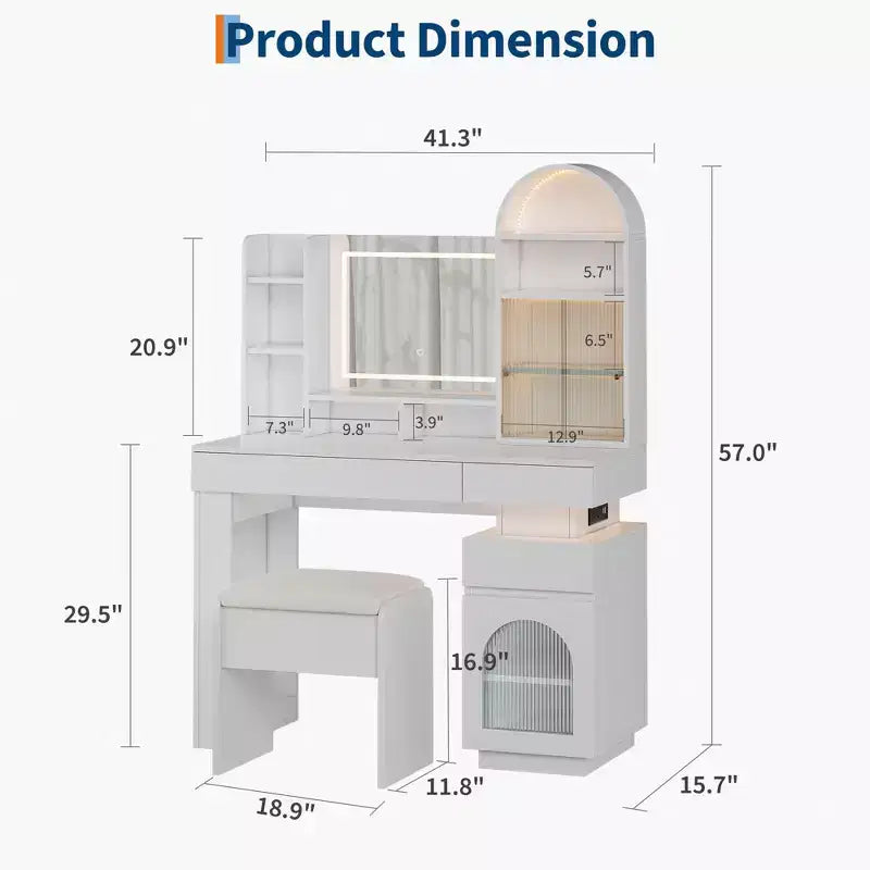 Coiffeuse avec miroir, éclairage LED et prise électrique, avec 3 tiroirs et 11 étagères de rangement