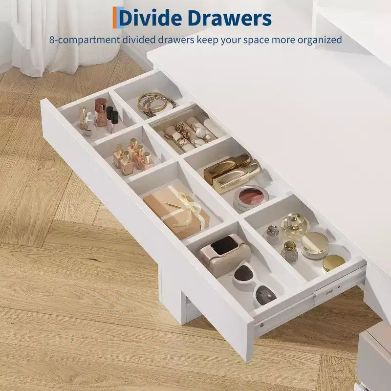 Coiffeuse avec miroir, éclairage LED et prise électrique, avec 3 tiroirs et 11 étagères de rangement