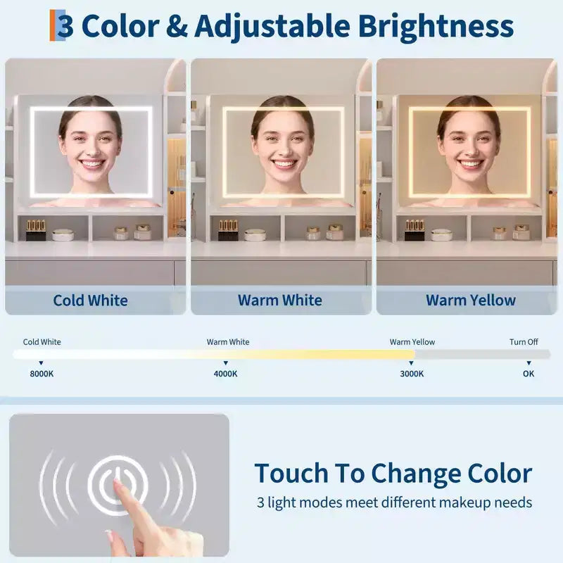 Coiffeuse avec miroir, éclairage LED et prise électrique, avec 3 tiroirs et 11 étagères de rangement