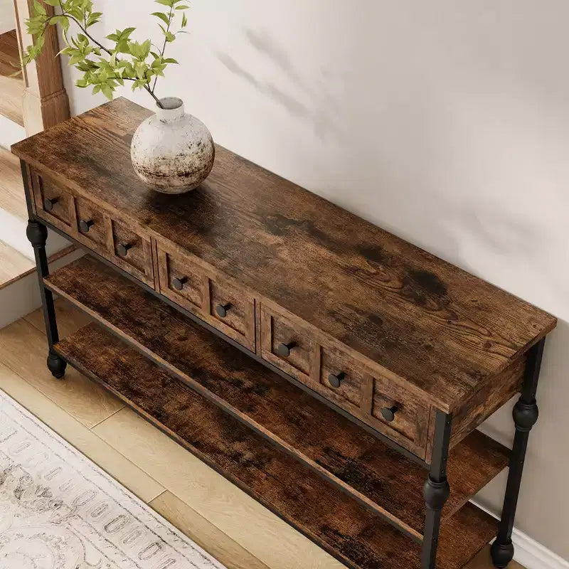 Consola de 52.5 pulgadas para recibidor con 3 cajones, mesa de sofá industrial de 3 niveles con estructura metálica y patas con columnas romanas, para pasillo, sala de estar o recibidor