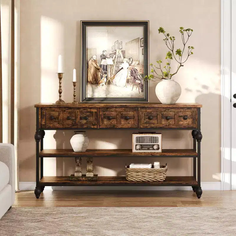 Consola de 52.5 pulgadas para recibidor con 3 cajones, mesa de sofá industrial de 3 niveles con estructura metálica y patas con columnas romanas, para pasillo, sala de estar o recibidor