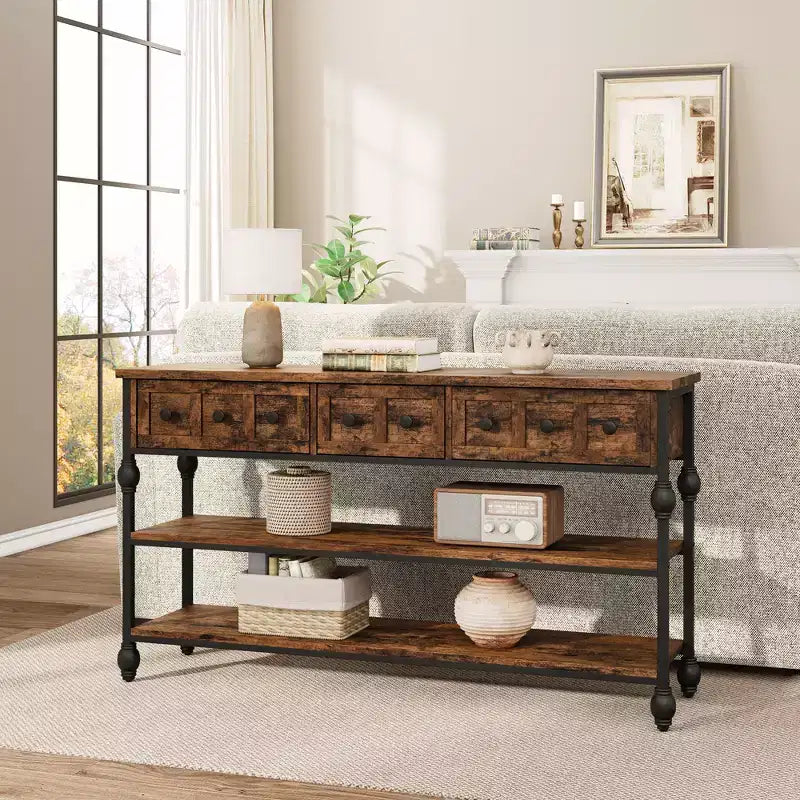 Consola de 52.5 pulgadas para recibidor con 3 cajones, mesa de sofá industrial de 3 niveles con estructura metálica y patas con columnas romanas, para pasillo, sala de estar o recibidor