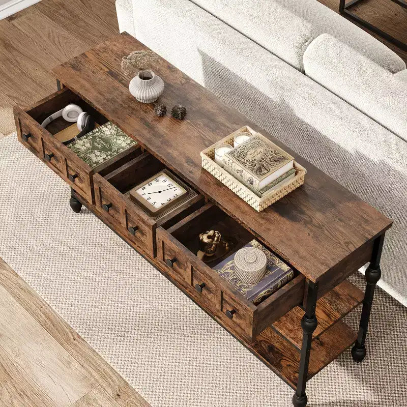 Consola de 52.5 pulgadas para recibidor con 3 cajones, mesa de sofá industrial de 3 niveles con estructura metálica y patas con columnas romanas, para pasillo, sala de estar o recibidor