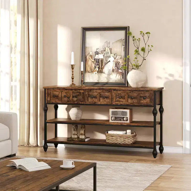 Consola de 52.5 pulgadas para recibidor con 3 cajones, mesa de sofá industrial de 3 niveles con estructura metálica y patas con columnas romanas, para pasillo, sala de estar o recibidor