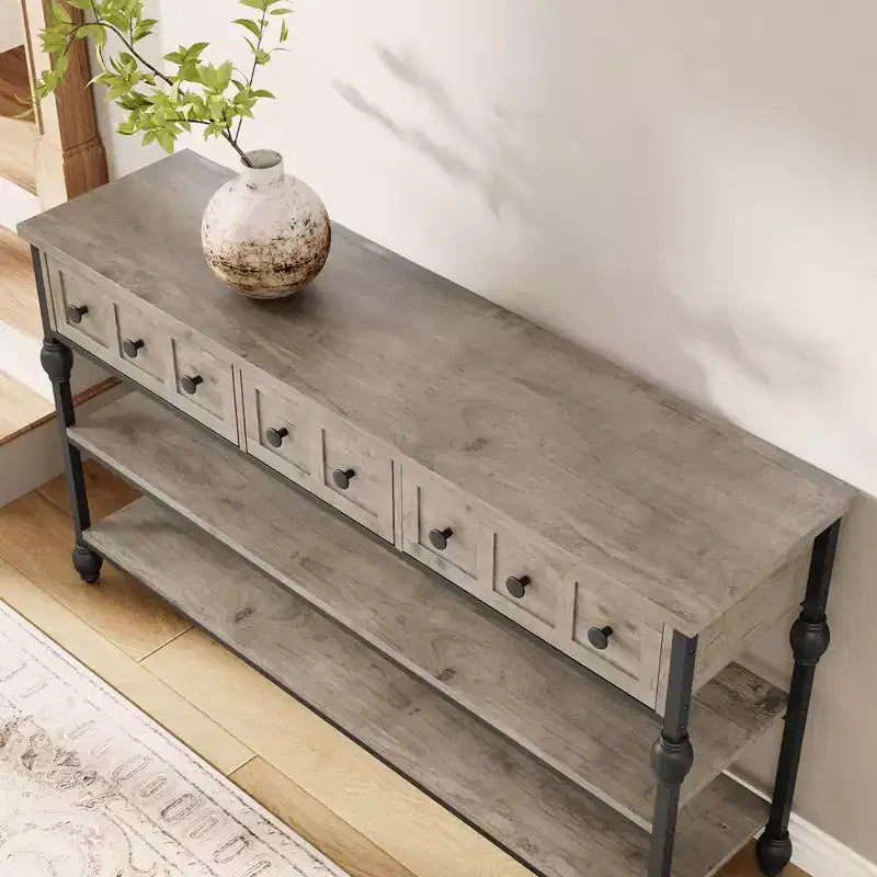 Consola de 52.5 pulgadas para recibidor con 3 cajones, mesa de sofá industrial de 3 niveles con estructura metálica y patas con columnas romanas, para pasillo, sala de estar o recibidor