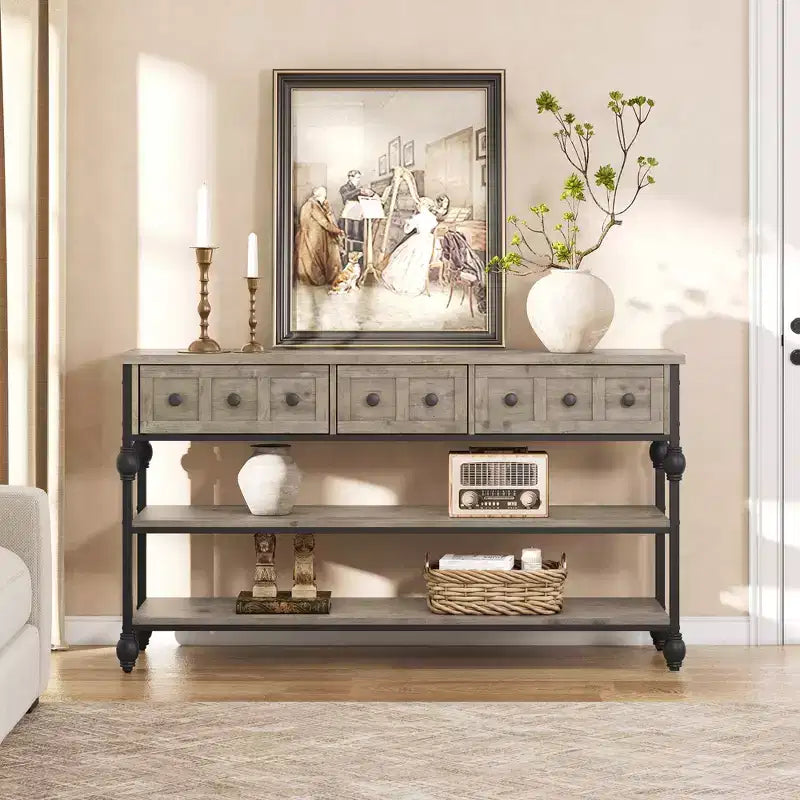Consola de 52.5 pulgadas para recibidor con 3 cajones, mesa de sofá industrial de 3 niveles con estructura metálica y patas con columnas romanas, para pasillo, sala de estar o recibidor