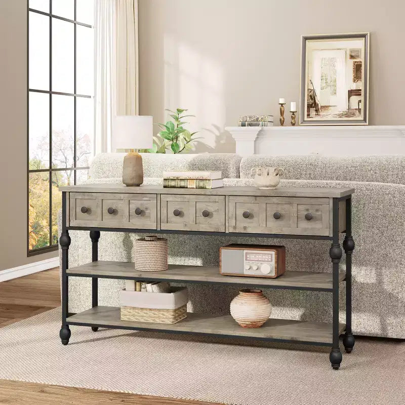 Consola de 52.5 pulgadas para recibidor con 3 cajones, mesa de sofá industrial de 3 niveles con estructura metálica y patas con columnas romanas, para pasillo, sala de estar o recibidor