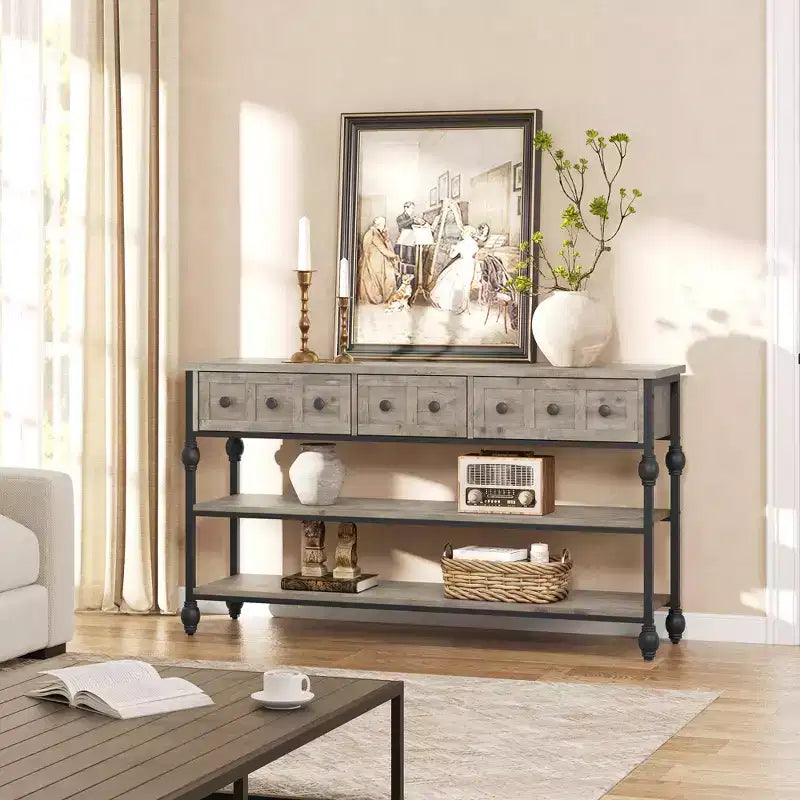Consola de 52.5 pulgadas para recibidor con 3 cajones, mesa de sofá industrial de 3 niveles con estructura metálica y patas con columnas romanas, para pasillo, sala de estar o recibidor