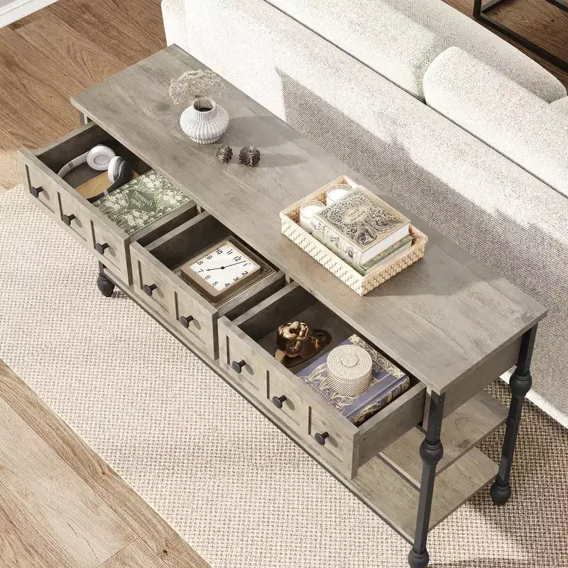 Consola de 52.5 pulgadas para recibidor con 3 cajones, mesa de sofá industrial de 3 niveles con estructura metálica y patas con columnas romanas, para pasillo, sala de estar o recibidor