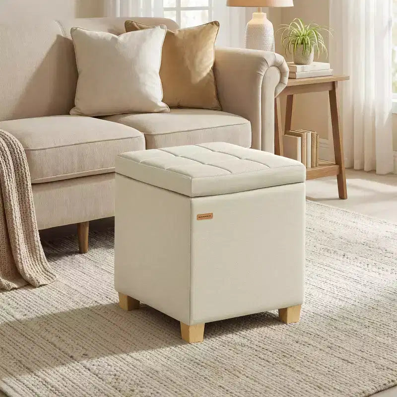 Quadratischer Aufbewahrungshocker, Fußhocker mit Beinen, Hockerwürfel, 16.9 x 16.9 x 18.1 Zoll