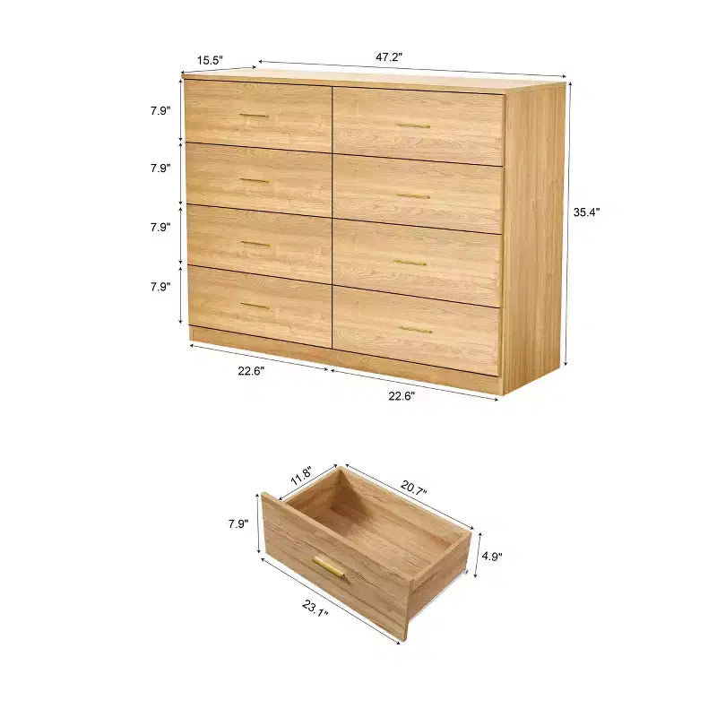 Commode moderne naturelle à 8 tiroirs pour chambre - large et offrant beaucoup de rangement, robuste et sûre