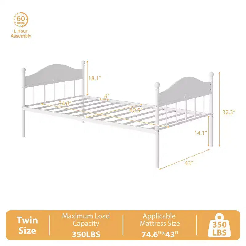 Schlafsofa, Metall-Tagesbett in Einzelbettgröße mit stilvollem Kopfteil, Stauraum unter dem Bett und Stahl-Lattenrost für Wohnzimmer oder Schlafzimmer, weiß