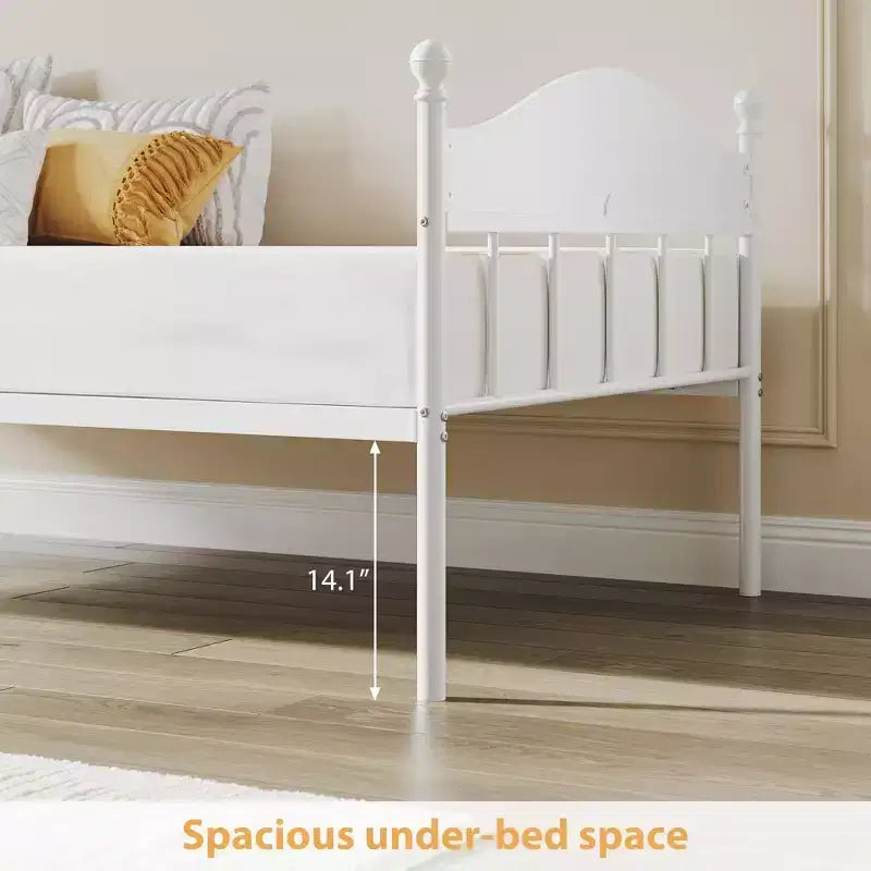 Schlafsofa, Metall-Tagesbett in Einzelbettgröße mit stilvollem Kopfteil, Stauraum unter dem Bett und Stahl-Lattenrost für Wohnzimmer oder Schlafzimmer, weiß
