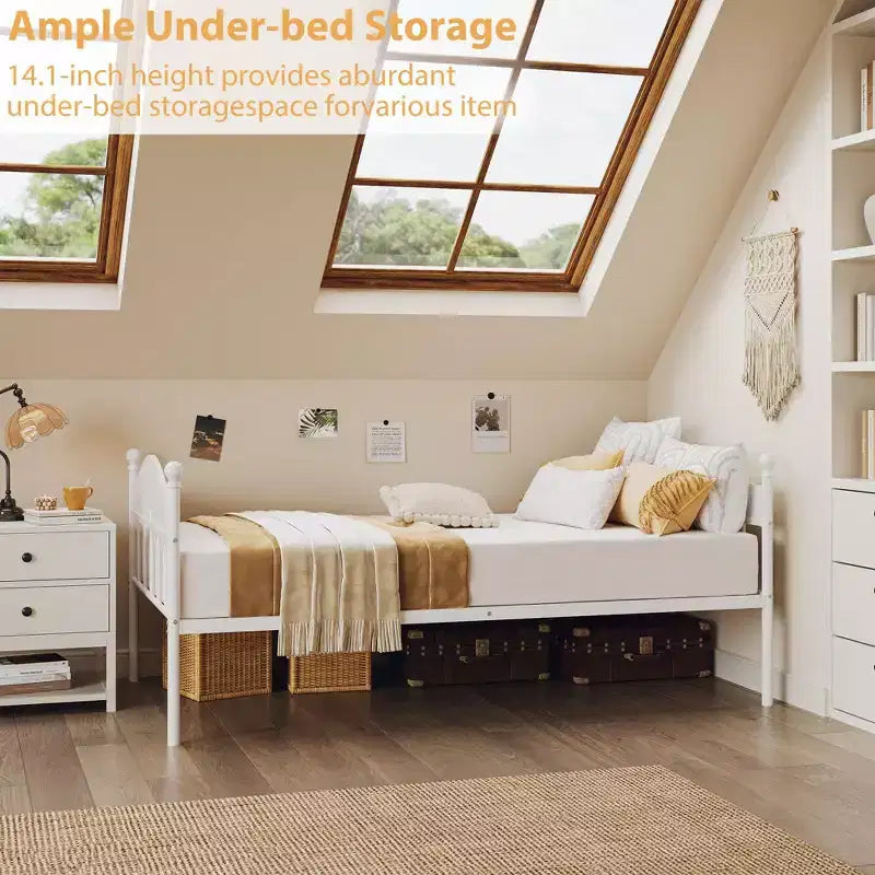 Schlafsofa, Metall-Tagesbett in Einzelbettgröße mit stilvollem Kopfteil, Stauraum unter dem Bett und Stahl-Lattenrost für Wohnzimmer oder Schlafzimmer, weiß