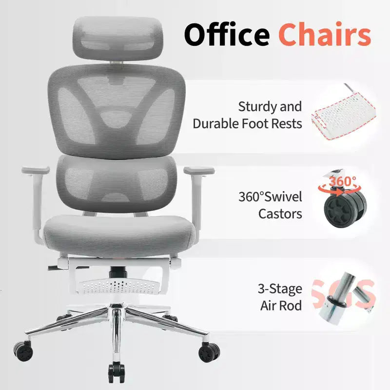 Silla de oficina ergonómica, cómoda silla para escritorio con reposacabezas acolchado ajustable, cómodo soporte lumbar y reposabrazos 3D, silla gaming gris
