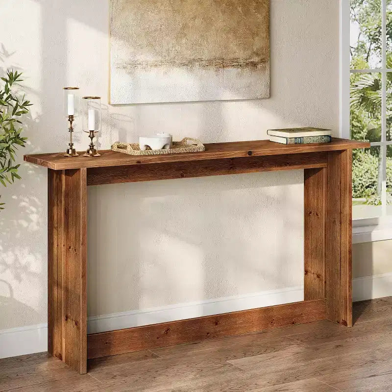 Consola larga de madera maciza de 63 pulgadas, mesa de entrada estilo rústico, mesa para colocar detrás del sofá en la sala de estar, el pasillo o el recibidor