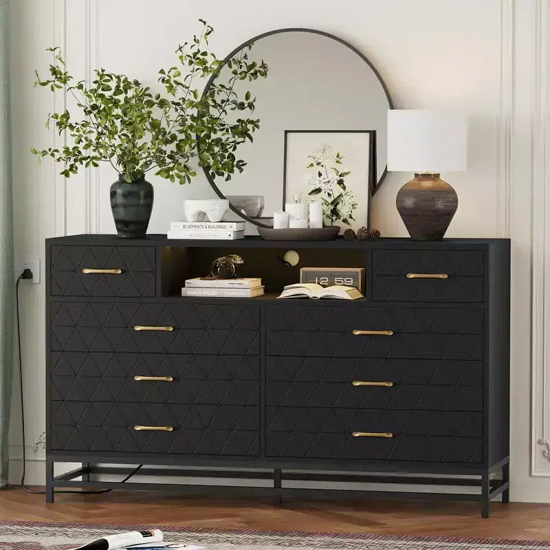 Cómoda de madera de 55 pulgadas con 8 cajones, soporte para TV. Cómoda con luces LED y toma de corriente. Organizador de almacenamiento para dormitorio, sala de estar y armario