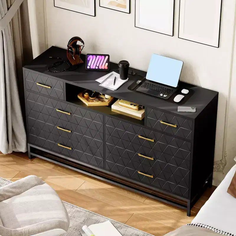 55 Zoll TV-Ständer aus Holz mit 8 Schubladen. Kommode mit LED-Beleuchtung &amp; Steckdose. Aufbewahrungsorganizer für Schlafzimmer, Wohnzimmer &amp; Kleiderschrank