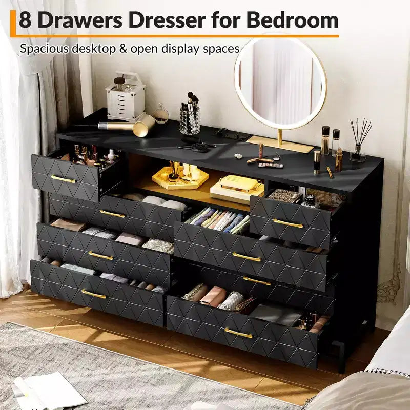 55 Zoll TV-Ständer aus Holz mit 8 Schubladen. Kommode mit LED-Beleuchtung &amp; Steckdose. Aufbewahrungsorganizer für Schlafzimmer, Wohnzimmer &amp; Kleiderschrank