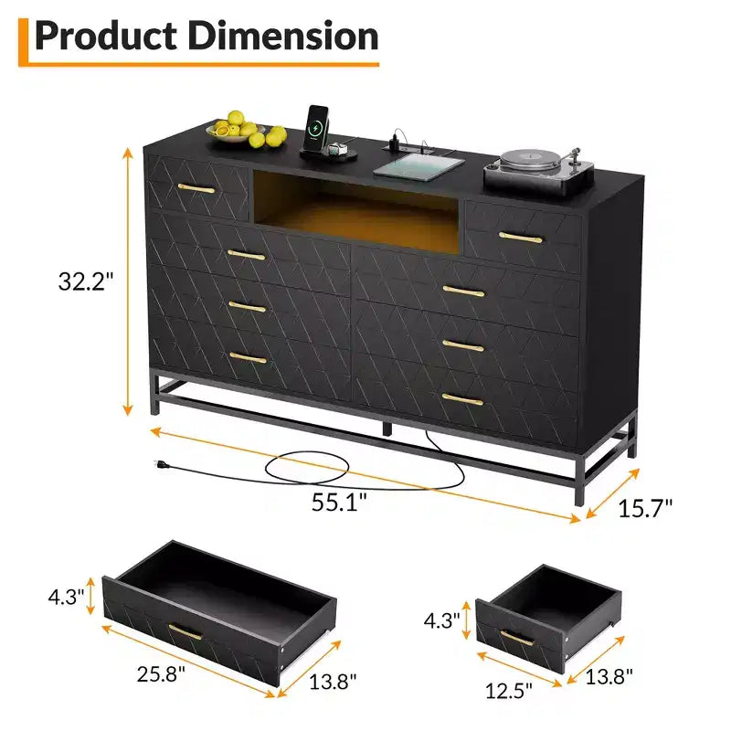 Cómoda de madera de 55 pulgadas con 8 cajones, soporte para TV. Cómoda con luces LED y toma de corriente. Organizador de almacenamiento para dormitorio, sala de estar y armario