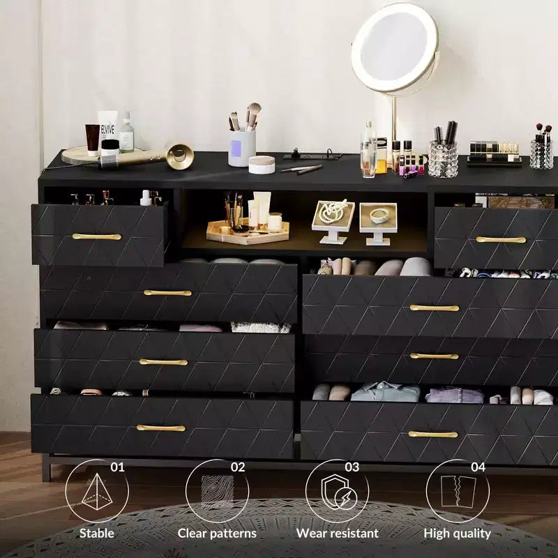 Cómoda de madera de 55 pulgadas con 8 cajones, soporte para TV. Cómoda con luces LED y toma de corriente. Organizador de almacenamiento para dormitorio, sala de estar y armario