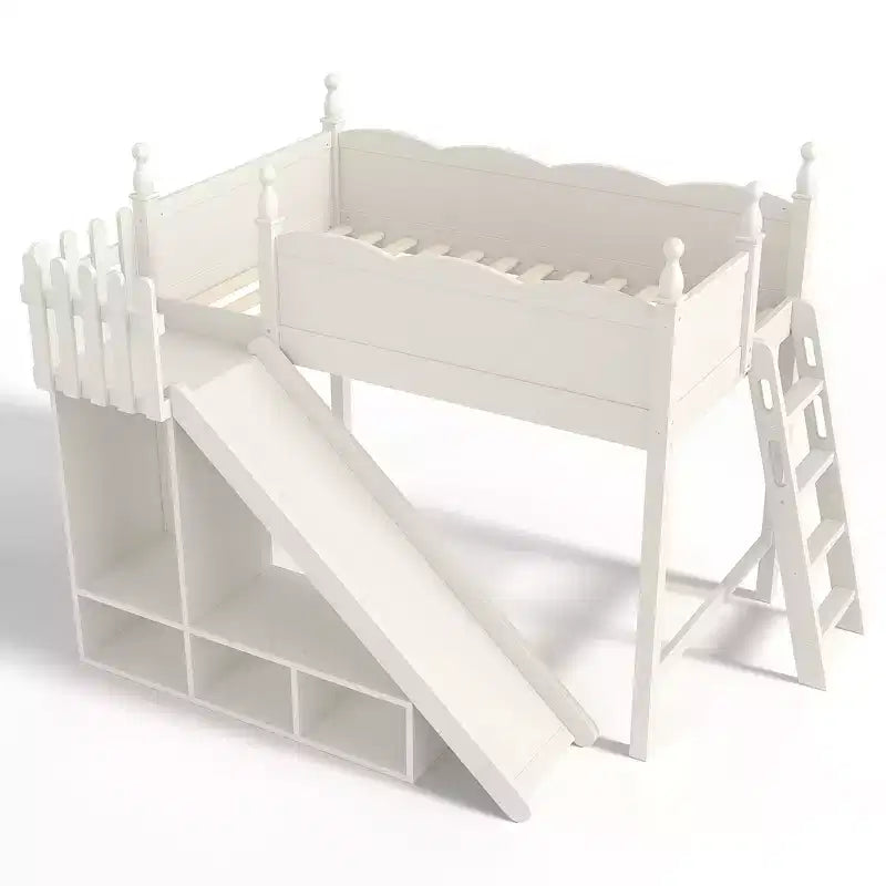Lit mezzanine avec étagères de rangement et penderie, cadre de lit mezzanine en bois massif avec toboggan amovible et échelles pour enfants