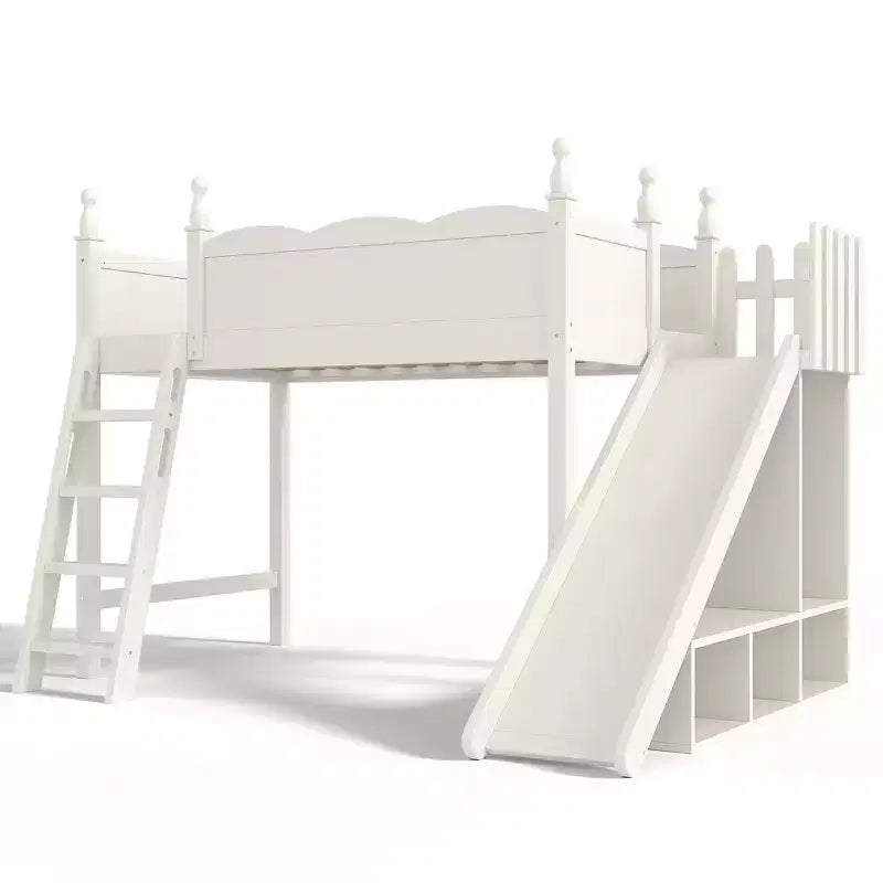 Lit mezzanine avec étagères de rangement et penderie, cadre de lit mezzanine en bois massif avec toboggan amovible et échelles pour enfants
