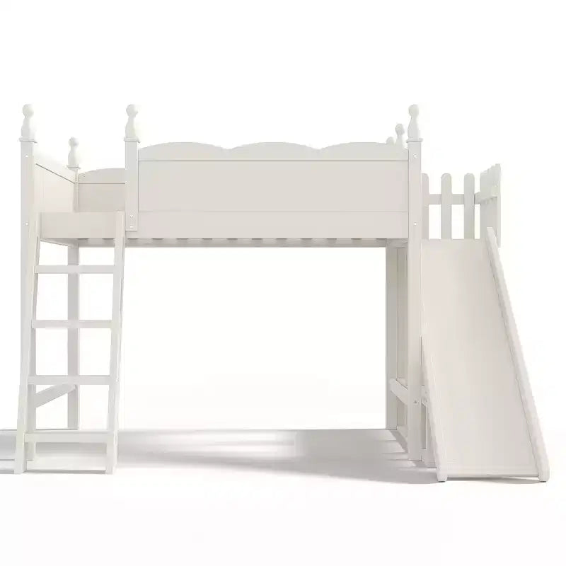 Lit mezzanine avec étagères de rangement et penderie, cadre de lit mezzanine en bois massif avec toboggan amovible et échelles pour enfants