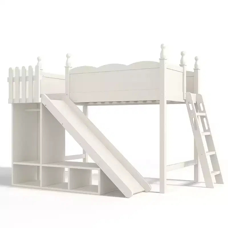 Lit mezzanine avec étagères de rangement et penderie, cadre de lit mezzanine en bois massif avec toboggan amovible et échelles pour enfants