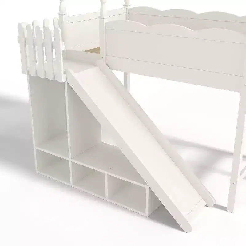 Lit mezzanine avec étagères de rangement et penderie, cadre de lit mezzanine en bois massif avec toboggan amovible et échelles pour enfants