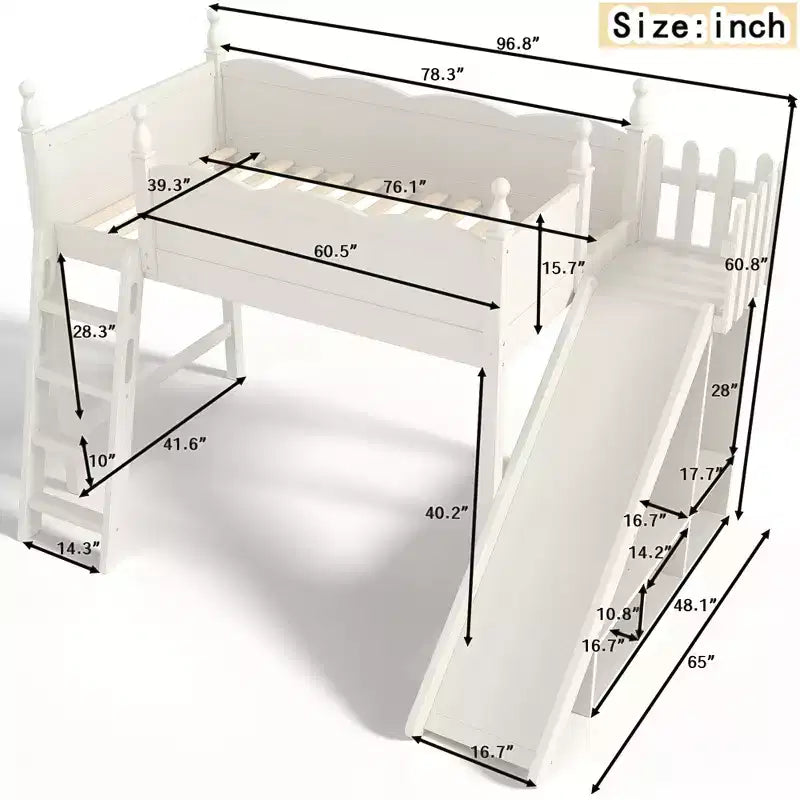 Hochbett mit Ablagefächern und Kleiderschrank, Hochbettgestell aus Massivholz mit abnehmbarer Rutsche und Leitern für Kinder
