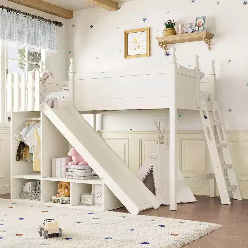 Hochbett mit Ablagefächern und Kleiderschrank, Hochbettgestell aus Massivholz mit abnehmbarer Rutsche und Leitern für Kinder