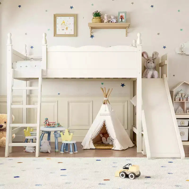 Hochbett mit Ablagefächern und Kleiderschrank, Hochbettgestell aus Massivholz mit abnehmbarer Rutsche und Leitern für Kinder