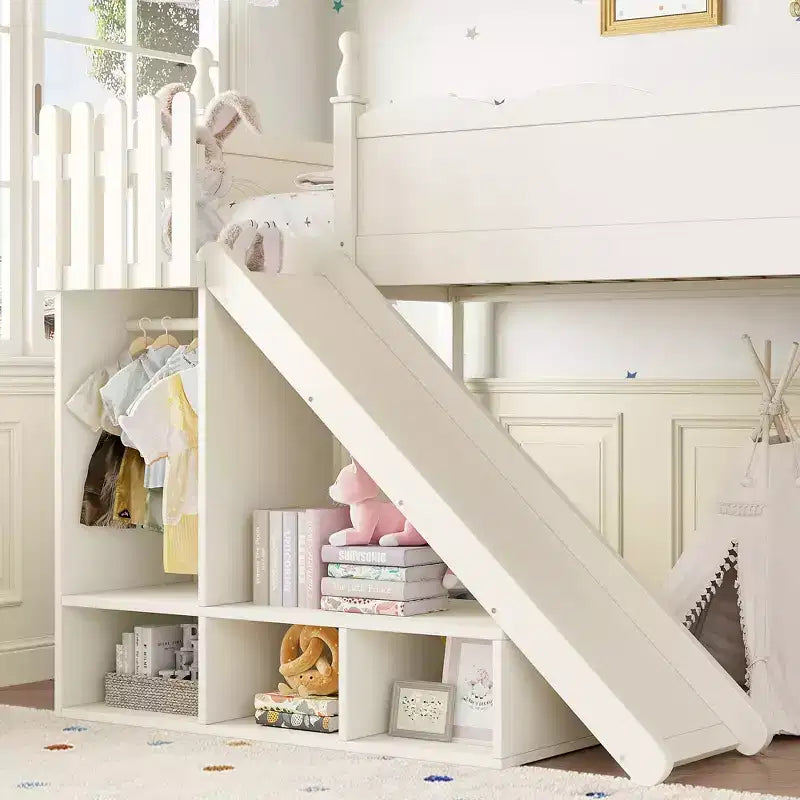 Hochbett mit Ablagefächern und Kleiderschrank, Hochbettgestell aus Massivholz mit abnehmbarer Rutsche und Leitern für Kinder