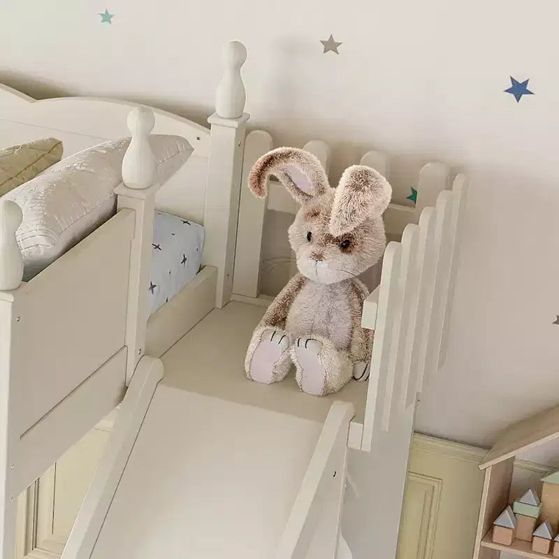 Lit mezzanine avec étagères de rangement et penderie, cadre de lit mezzanine en bois massif avec toboggan amovible et échelles pour enfants