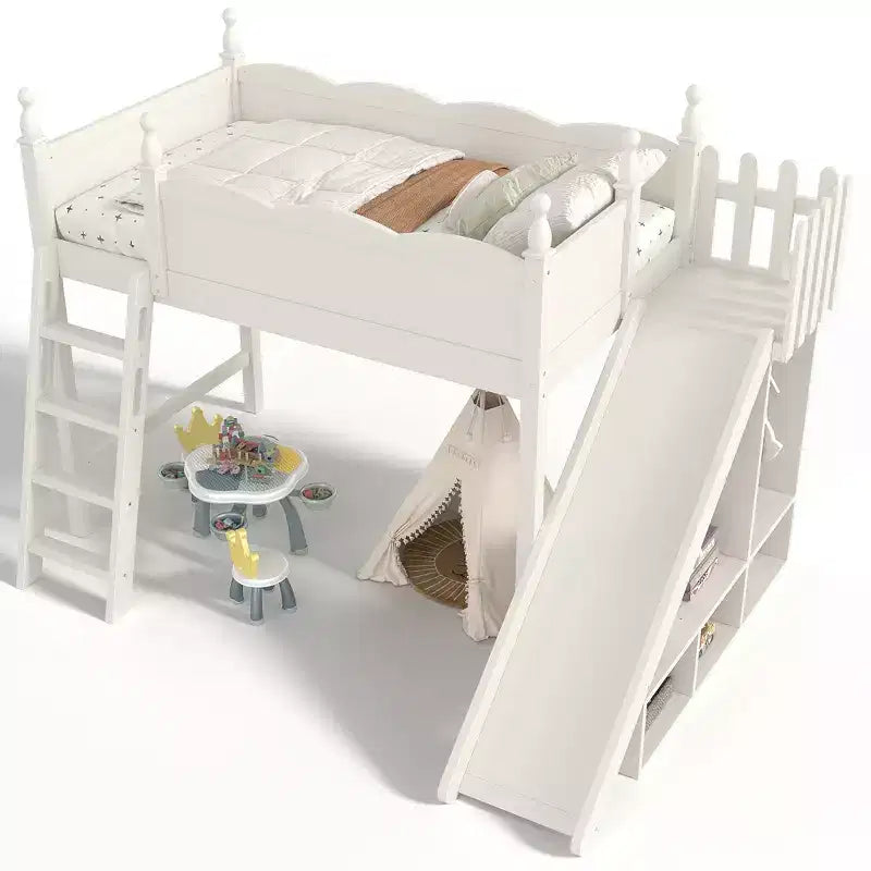 Lit mezzanine avec étagères de rangement et penderie, cadre de lit mezzanine en bois massif avec toboggan amovible et échelles pour enfants