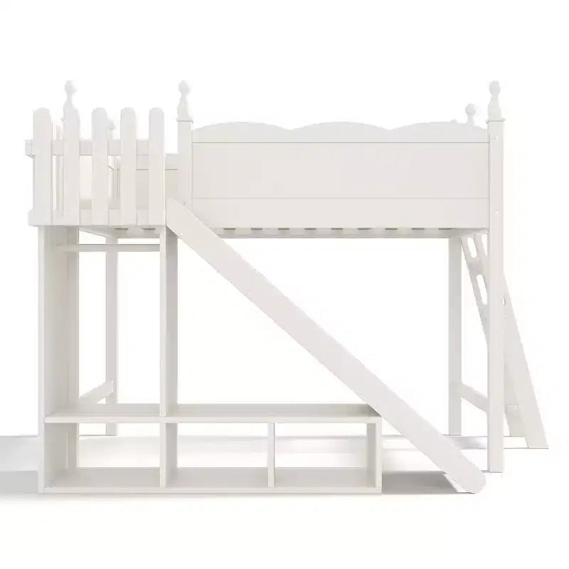 Lit mezzanine avec étagères de rangement et penderie, cadre de lit mezzanine en bois massif avec toboggan amovible et échelles pour enfants