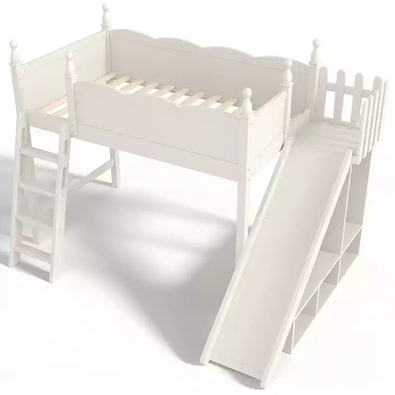 Lit mezzanine avec étagères de rangement et penderie, cadre de lit mezzanine en bois massif avec toboggan amovible et échelles pour enfants