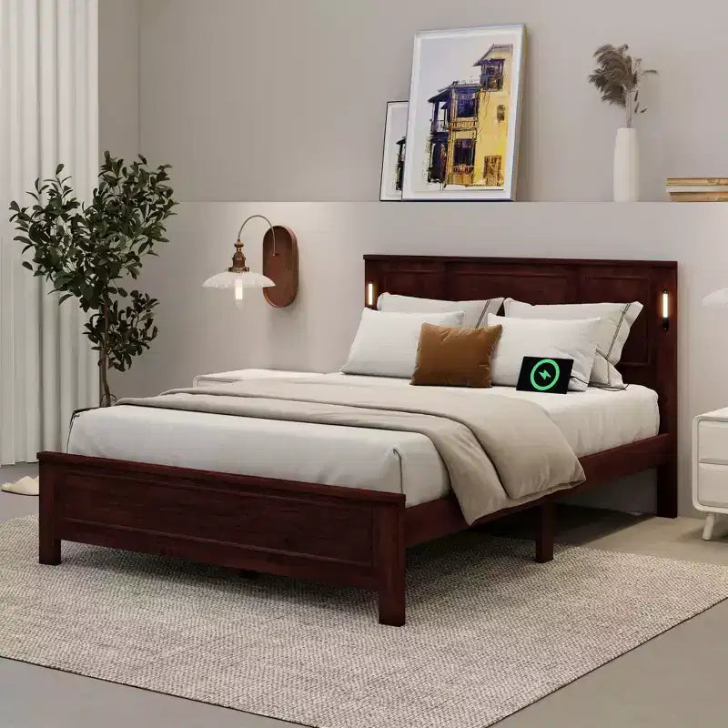 Cadre de lit de style maison de campagne avec tête de lit haute, éclairage LED et station de recharge USB