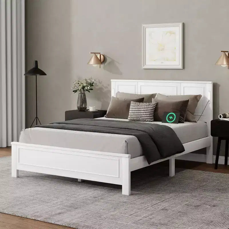 Cadre de lit de style maison de campagne avec tête de lit haute, éclairage LED et station de recharge USB