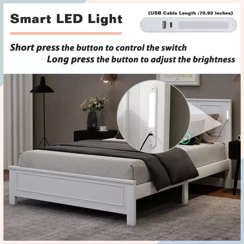 Cadre de lit de style maison de campagne avec tête de lit haute, éclairage LED et station de recharge USB